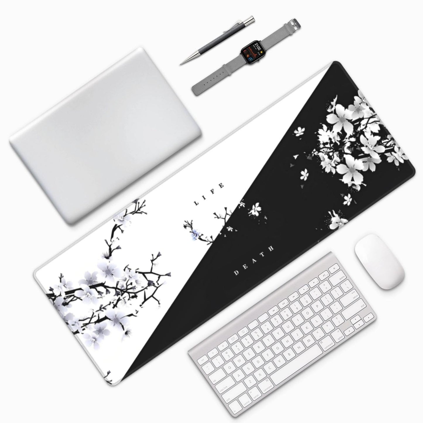 Japanese Life Death Keyboard Mat, Black White Japanese Anime Gaming Mouse Pad for Desk with Anti-Slip Rubber Base and Stitched Edges, Japanese Sakura Pagoda Sun Mouse Pad