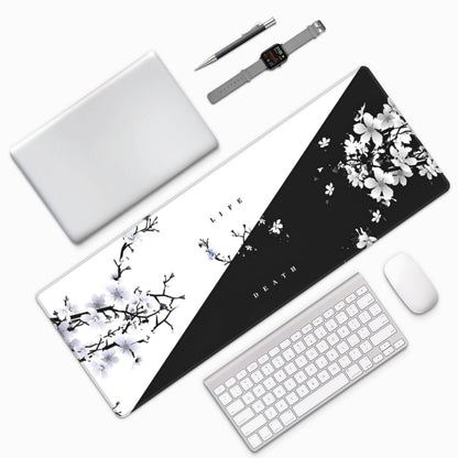 Japanese Life Death Keyboard Mat, Black White Japanese Anime Gaming Mouse Pad for Desk with Anti-Slip Rubber Base and Stitched Edges, Japanese Sakura Pagoda Sun Mouse Pad