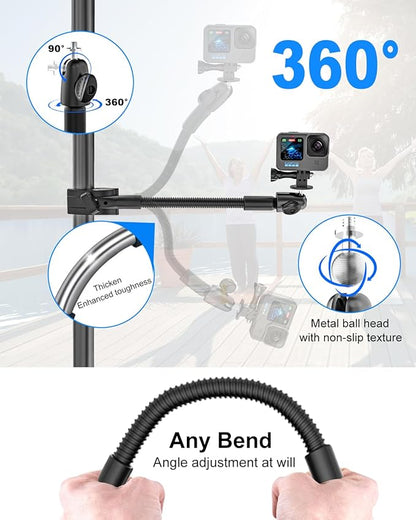 Gooseneck Clamp Camera Mount with 1/4“ 3/8" 5/8" Screw, Go Pro Mounts for Handlebar, Desk, Tube, Cross Bar, Compatible with GoPro Hero 13/Baby Monitor/Logitech Webcam/Insta 360/Field Monitor