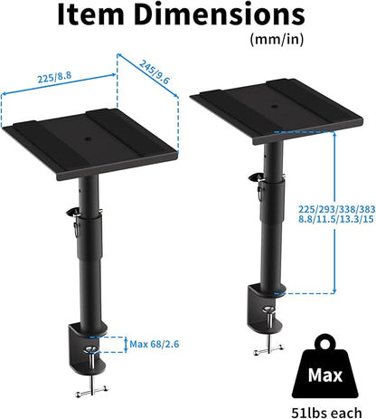 suptek Clamp-on Speaker Stand Desk Mount Set, Height Adjustment, Swivel, 9.6 x 8.8 inch Trays, Universal Audio Holders for Computer and Bookshelf Speakers, Elevated Sound, 2 Pack, Black, SDM001G