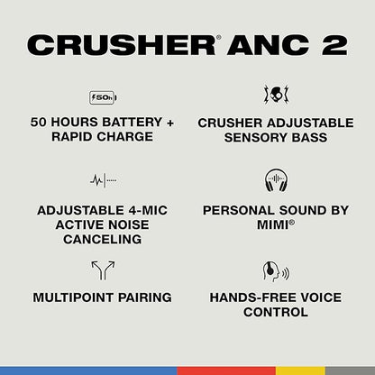 Skullcandy Crusher ANC 2 Over-Ear Noise Canceling Wireless Headphones with Sensory Bass and Extra Charging Cable, 50 Hr Battery, Microphone, Works with Bluetooth Devices - Preppy Summer Resort