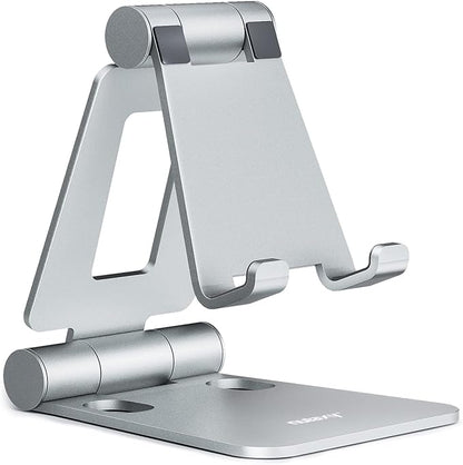 Nulaxy Dual Folding Cell Phone Stand, Fully Adjustable Foldable Desktop Phone Holder Cradle Dock Compatible with iPhone 17 16 15 14 13 12 11 Pro Max Xs Xr X 8, Nintendo Switch, All Phones - Silver