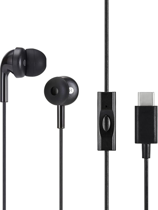 Amazon Basics Wired Earbuds with Microphone, In Ear Headphones, USB-C, 4.2 ft long cable, S/M/L Ear Tips, One size, Black