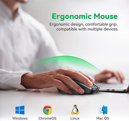 Bluetooth Mouse (BT5.0/3.0 & 2.4G) Rechargeable Wireless Mouse, 4800 DPI Optical Tracking, 6 Adjustable DPI, 2.4GHz with USB A Receiver, Quiet Clicks, Ergonomic Grips, 6 Buttons - Black