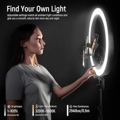 NEEWER 19 inch Ring Light with Stand, 3 Phone Holders and Mini Ball Head, Upgraded 2.4G & Touch Control, Smooth Dimming at 1%, 3200K-5600K for Selfie TikTok Live Streaming Video Recording Zoom, RP19H