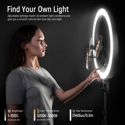 NEEWER 19 inch Ring Light with Stand, 3 Phone Holders and Mini Ball Head, Upgraded 2.4G & Touch Control, Smooth Dimming at 1%, 3200K-5600K for Selfie TikTok Live Streaming Video Recording Zoom, RP19H