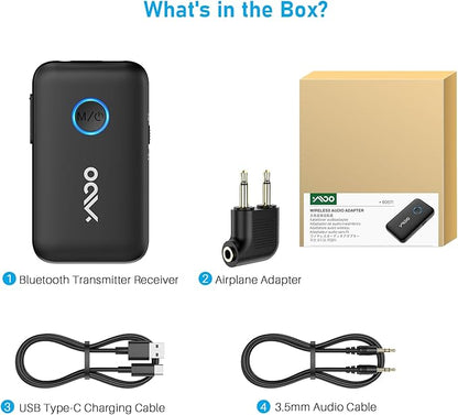 YMOO Bluetooth 5.3 Transmitter Receiver for TV/Airplane, Supports 2 Headphones/Speaker with AptX Adaptive & Low Latency, 3.5mm Jack Aux HiFi Stereo Wireless Audio Adapter for Flight, Travel, Planes