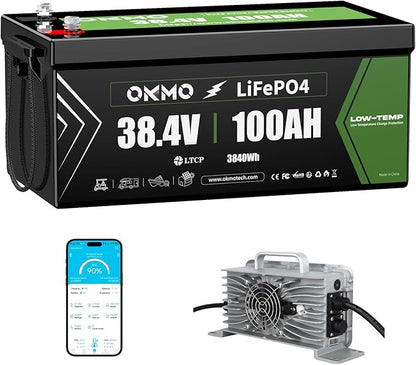 OKMO 36V 100AH Golf Cart Lifepo4 Lithium Battery with 43.8V 22A Charger, Built in 250A Bluetooth BMS, Peak Current 500A(3-5s), Perfect for Golf Cart