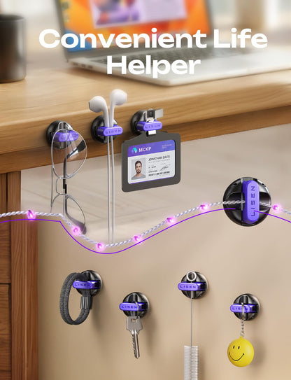 10-Pack Magnetic Cable Clips [1S Snap-On] Cord Holder, LISEN Office Desk Organizers and Accessories with 5 Extra Strong Adhesive Pads, Wire Organizer for Nightstand, Home, Wall, Car, Desktop, Purple