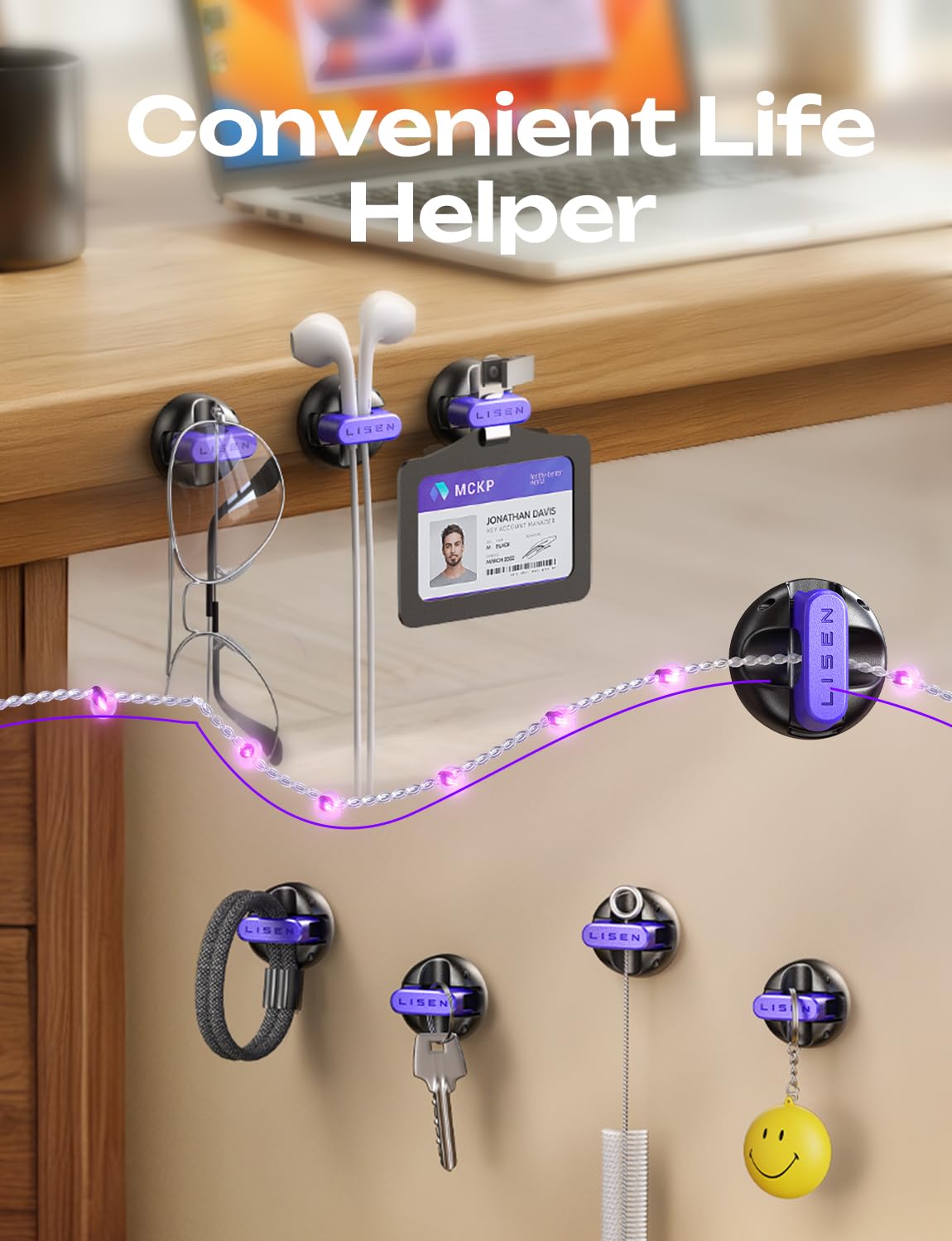 LISEN Magnetic Charging Cord Holder 8-Pack Charging Cord Organizer [1S Click-in], Easy Open Cable Holder with Strong Adhesive, Cable Management Clips Neatly for Nightstand, Desk, Home, Office, Purple