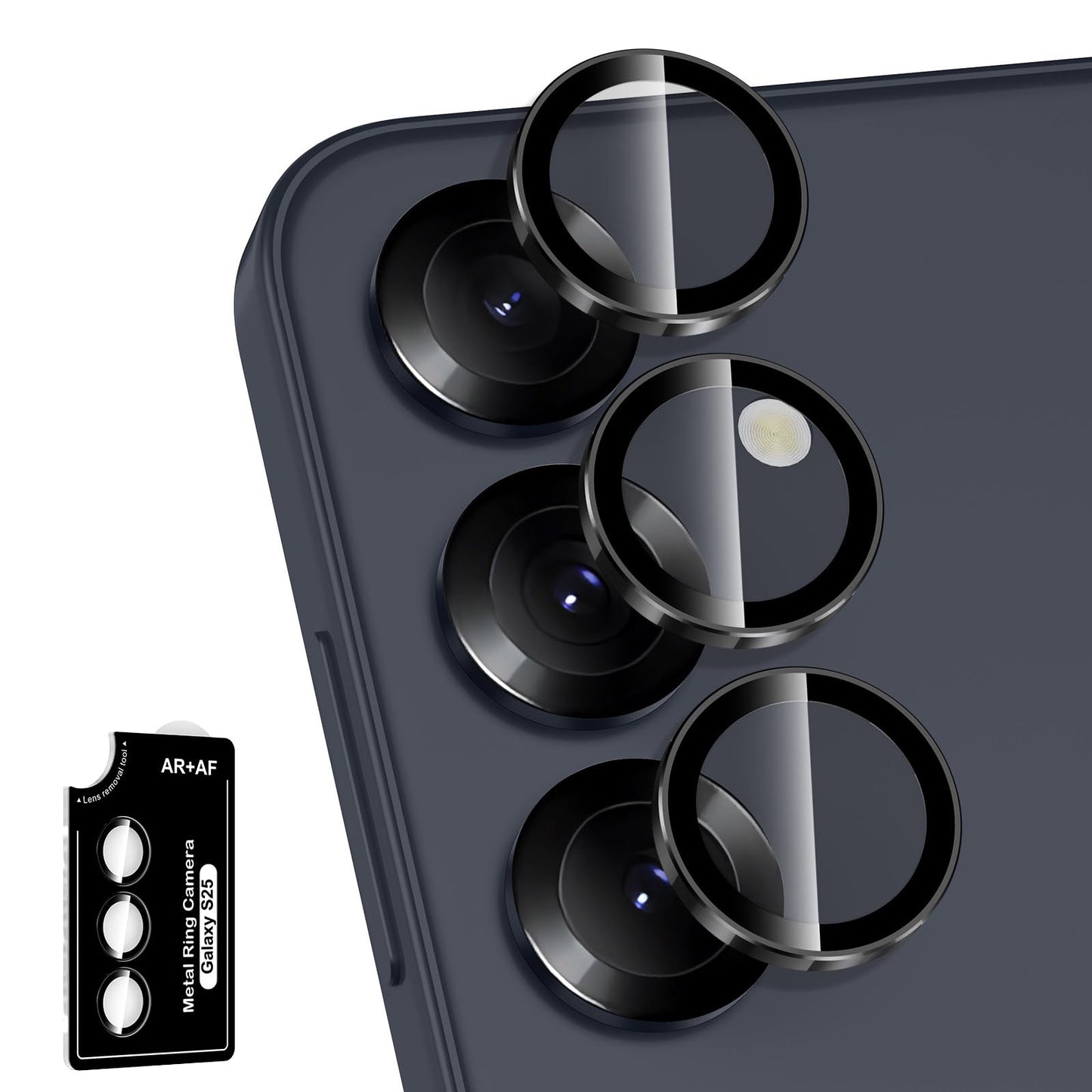 Avocase for Samsung Galaxy S25 Camera Lens Protector, Individual Metal Ring Tempered Glass Lens Cover, [Strong Adsorption] Scratch Resistant Ultra-Thin HD Clear Lens Cover, 1 Set-Black Ring