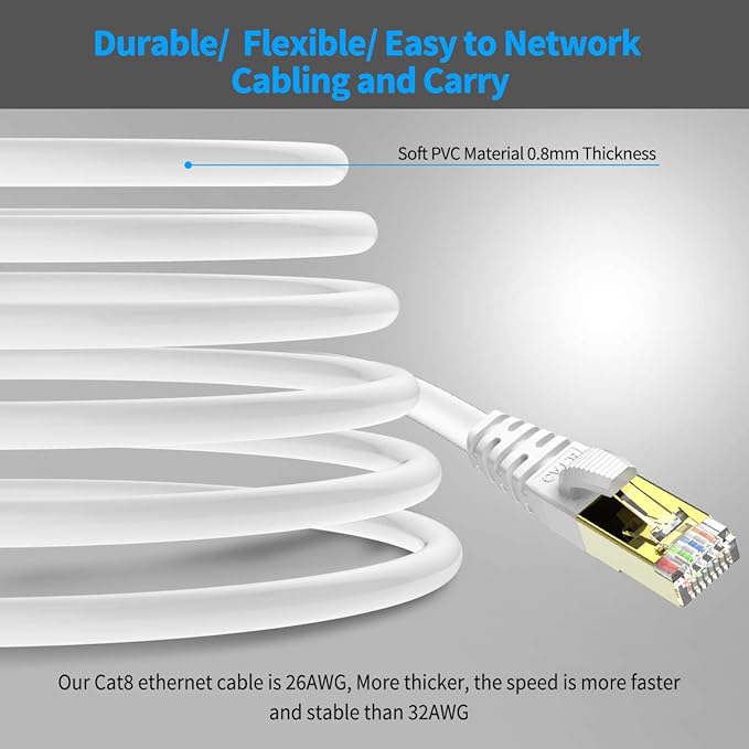 KASIMO CAT 8 Ethernet Cable SFTP Internet Network Patch Cord, Heavy Duty High Speed LAN Cables w Gold Plated RJ45 Connector Professional for Router, Modem, Gaming, Xbox (5 Feet, 5 Pack White)