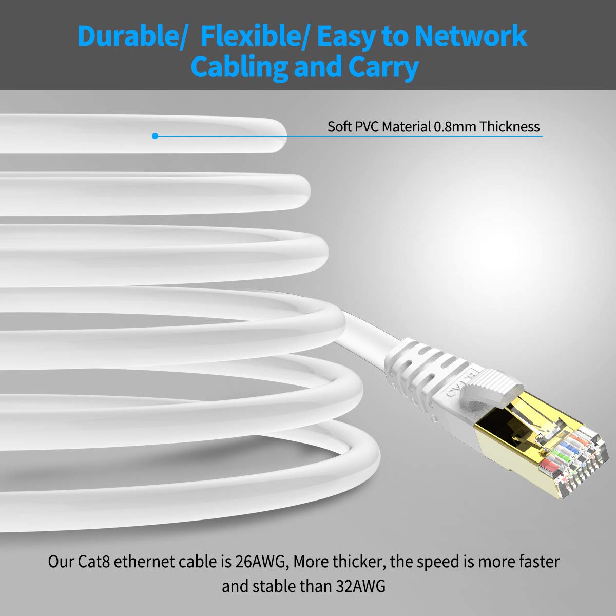 KASIMO CAT 8 Ethernet Cable Shielded SFTP Internet Network Patch Cord, Heavy Duty High Speed LAN Cables w Gold Plated RJ45 Connector Professional for Router, Modem, Gaming (5 Feet, 10 Pack White)