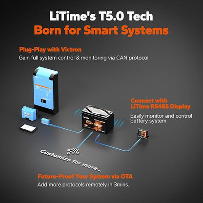 LiTime 12V 100Ah LiFePO4 Group 31 Battery, Compatible with Victron, Built-in 100A BMS & Bluetooth, Low-Temperature Protection, CAN/RS485 Communication, Ideal for Trolling Motors, Marine, RV & Off-Grid
