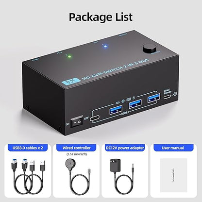 KVM Switch 3 Monitors 2 Computers 8K@60Hz/4K@120Hz, HDMI KVM Switches for 2 PC Sharing Triple Monitor and Keyboard Mouse with Power Adapter, Wired Extend Controller and USB3.0 Cables