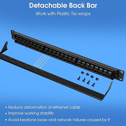 24 Port Keystone Patch Panel, 1U 19-inch RJ45 Network Patch Panel with Back Bar, Loaded with 24 Cat6 Couplers (Black)