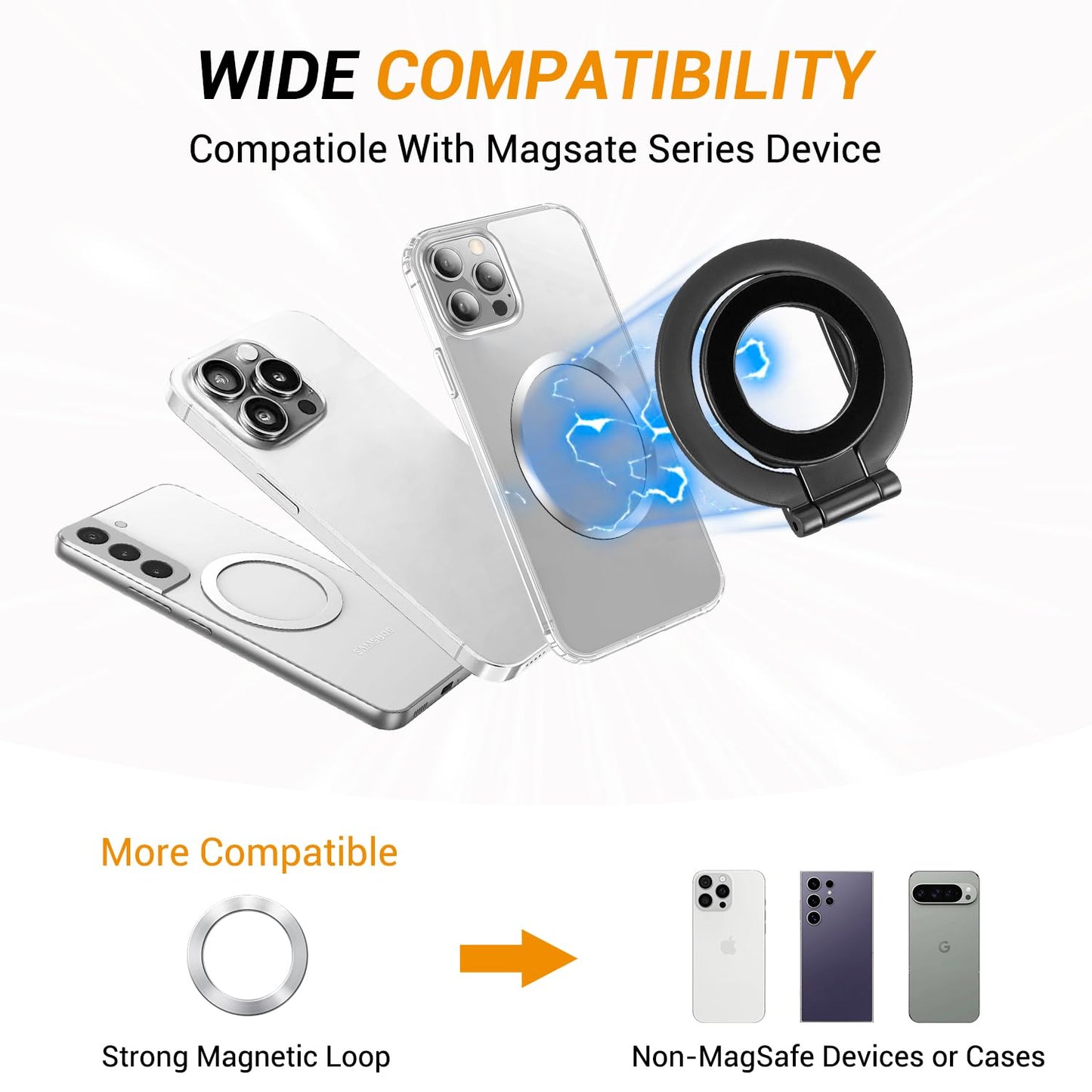 Magnetic Ring Holder Grip, Adjustable Magnet Phone Ring Stand, Multi-Angle Stability Kickstand, Strong Double Sided Magnetic Phone Grip, with Magnet Ring for Phone Case, Black