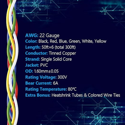 Fermerry 22 AWG Solid Core Wire Spool 50ft Each 6 Colors Flexible 22 Gauge Hook up Wire Kit Electrical Tinned Copper Wire PVC