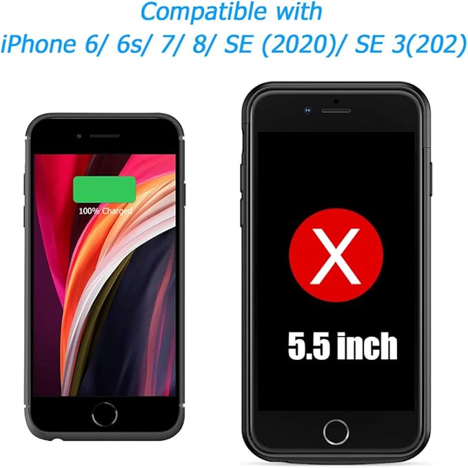 Battery Case for iPhone 8/7/6s/6/SE 3/SE 2, Upgraded 10000mAh Portable Battery Pack Charger Case Support Carplay Compatible with iPhone SE 3/SE 2/8/7/6s/6 (4.7 inch) External Charging Case (Black)
