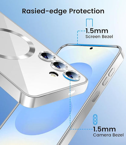 Slim Thin for Samsung Galaxy S25 Case, Compatible with MagSafe, Built-in Camera Lens Protector, Shockproof Protective Phone Case, Soft Electroplated Clear Phone Cover, Silver