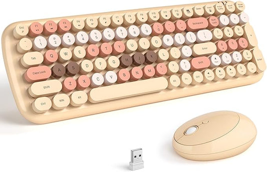 KNOWSQT Wireless Keyboard and Mouse Combo, Light Milktea 100 Keys 2.4 GHz Round Keycap Typewriter Keyboards, USB Receiver Plug and Play, for Windows, PC, Laptop, Mac, Desktop