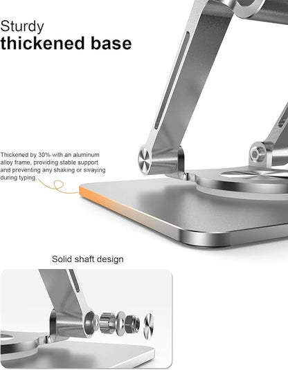 Tablet Stand Holder with Thickened 360°Rotating Base Dual Rod Adjustable Aluminum Stand for All 5.8-12.9” iPad Samsung Phone Tablet Kindle E-Reader and More, Silver