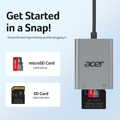 Acer SD Card Reader USB C, Dual Slots Type C to Memory Card Reader, Aluminum Micro SD Card Camera Adapter for MicroSD, SDHC, SDXC, Compatible with iPhone16/15, MacBook, iPad Pro, Android, Laptop