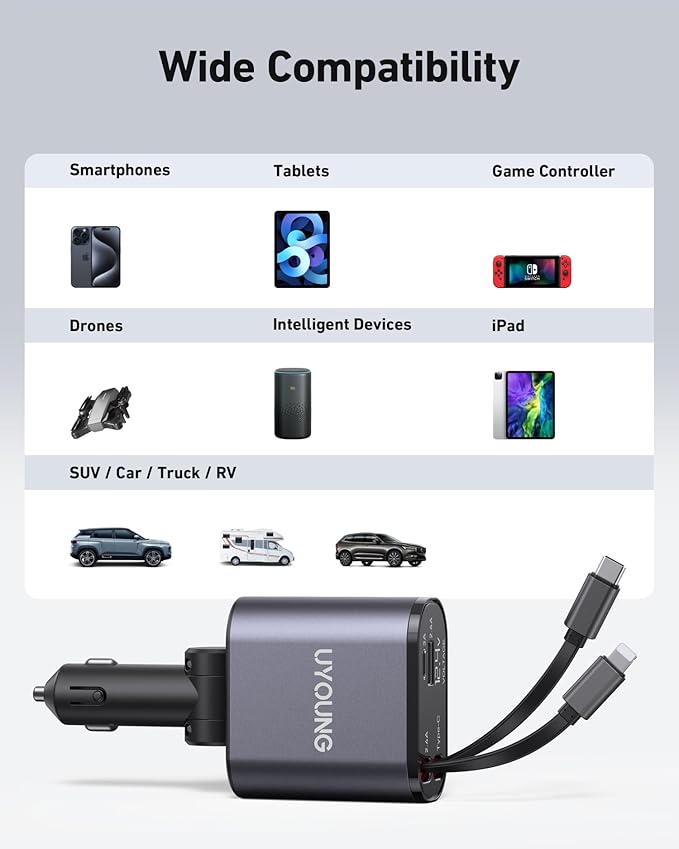 UYOUNG Retractable Car Charger 100W, 4 in 1 Fast Car Phone Charger, 2 Retractable Cables 31.5 Inch and 2 USB Ports, Compatible with iPhone 15/14/13/12/11 Pro Max/XR/XS,Samsung,Pixel,iPad/iPod