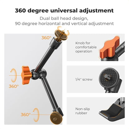 K&F CONCEPT 9.8" Magic Arm Clamp Kit with 1/4" & 3/8" Thread Screw 360° Ball Heads Articulating Magic Arm Camera Mount for Monitor, Flash, LED Light, Microphone, Camera Cage, Action Camera