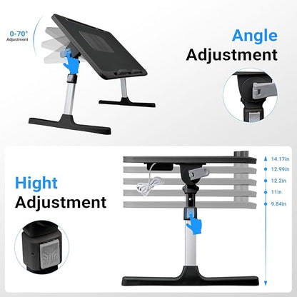 Laptop Lap Desk with Cooling Fan - Adjustable with Light, USB, Storage Drawer - Folding Bed Desk,22.04"*12.59",Black