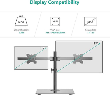 WALI Free Standing Dual Monitor Stand, Height Adjustable Monitor Mount with Glass Base, Fits LCD LED Flat Curved Screen up to 27 inch, 22lbs, with Grommet Base (GMF002)