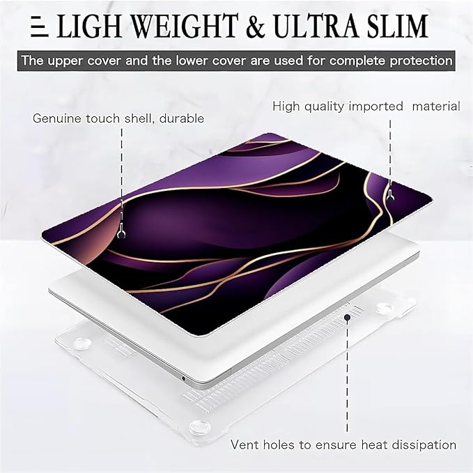 Compatible with MacBook Air 13.3 13.6 Inch Case 2022 2021 2020 2019 Plastic Hard Shell Case Cover,13.6 Air (A2681) M2 2022, Purple and Gold Color Line