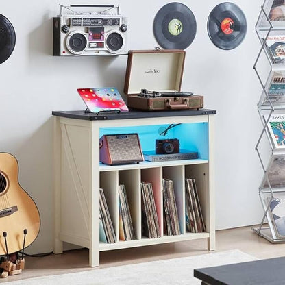 Large Record Player Stand with Charging Station & LED Lights, Vinyl Records Storage Holder Cabinet Holds up to 230 Albums, Turntable Stand for Music Room, Bedroom, Living Room, Office (White)