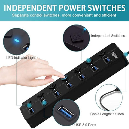 USB 3.0 Splitter, 7-Port USB 3.0 Hub with Individual Power Switches and Lights, Portable Expansion Data Hub with 5V/2A Power Adapter for Windows 10, 8.1, 8, 7, Vista, XP, Linux, Mac OS X