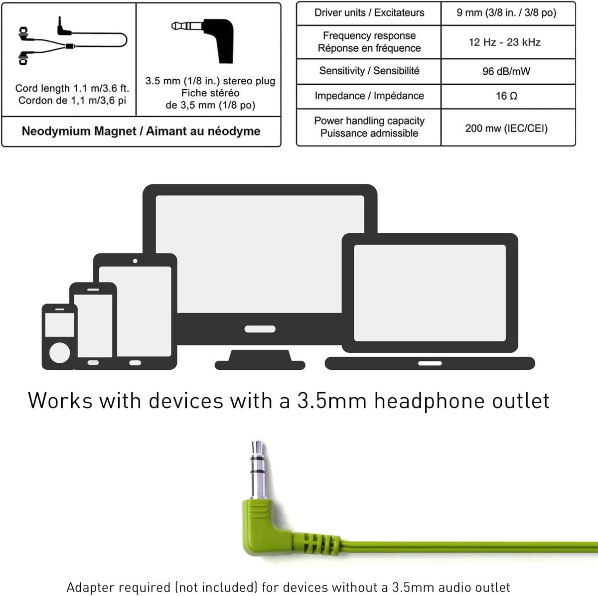 Panasonic ErgoFit In-Ear Earbud Headphones RP-HJE120-G (Green) Dynamic Crystal Clear Sound, Ergonomic Comfort-Fit