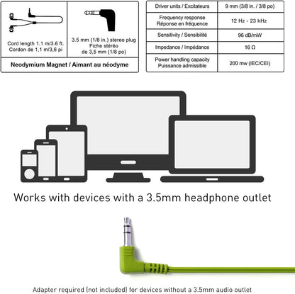 Panasonic ErgoFit In-Ear Earbud Headphones RP-HJE120-G (Green) Dynamic Crystal Clear Sound, Ergonomic Comfort-Fit