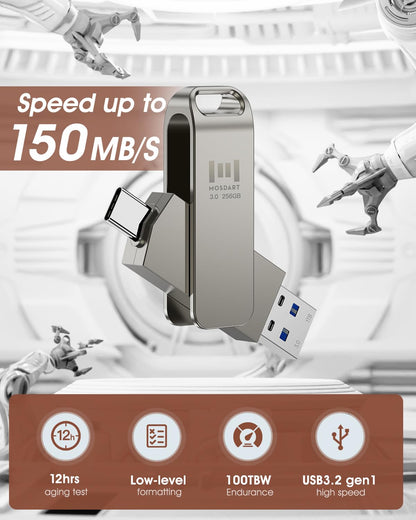 MOSDART 256GB USB C and USB A 3.2 150MB/s Swivel Dual Flash Drive, Silver