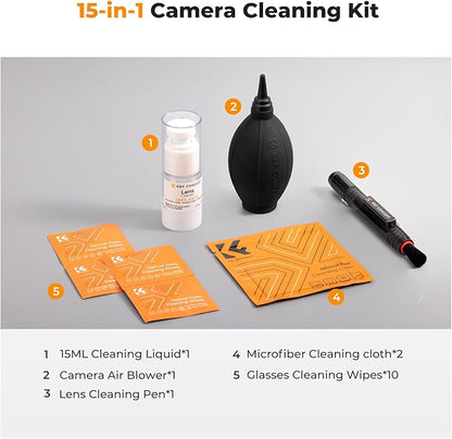 K&F CONCEPT 15-in-1 Camera Lens Cleaning Kit with Camera Blower, Glasses Wipes*10, Cleaning Liquid, Microfiber Cleaning Cloth*2, Lens Cleaning Pen for DSLR Camera Lens Filter Cell Phones