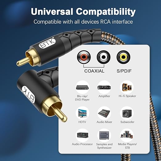 EMK 90 Degree RCA Subwoofer Cable 24K Gold-Plated Connector Nylon Braided Double Shielded – Support Digital & Analog Signals for Amplifier, Home Theater, Hi-Fi System,Subwoofer Black/15ft/5m