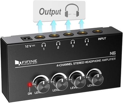 Fifine Headphone Amplifier 4 Channels Metal Stereo Audio Amplifier,Mini Earphone Splitter with Power Adapter-4x Quarter Inch Balanced TRS Headphones Output and TRS Audio Input for Sound Mixer-N6