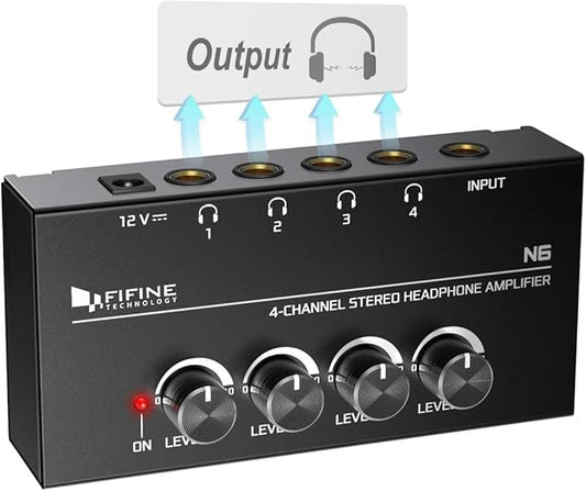 Fifine Headphone Amplifier 4 Channels Metal Stereo Audio Amplifier,Mini Earphone Splitter with Power Adapter-4x Quarter Inch Balanced TRS Headphones Output and TRS Audio Input for Sound Mixer-N6
