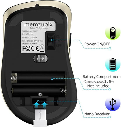 memzuoix 2.4G Wireless Mouse, 1400 DPI Computer Mice with USB Receiver, Portable Wireless USB Battery Powered Cordless Mouse for Laptop, PC, Desktop, 5 Buttons (Black Gold)