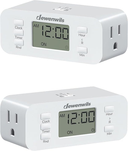 DEWENWILS 24 Hour Programmable Digital Timer Outlet, 2 Pack Timers for Electrical Outlets, Indoor Light Timers for Lamp Fan Aquarium, 2 Grounded Outlet, 125V/15A Resistive/1000W Tungsten, 3 Prong