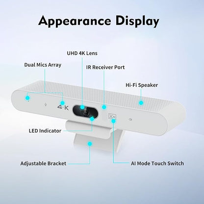 TOALLIN 4K Webcam with Microphone and Speaker, All-in-One Video Conferencing Camera, USB Video Bar, AI Auto-Framing & Speaker-Tracking, Conference Room Web Camera for Laptop, Meetings, Video Calls