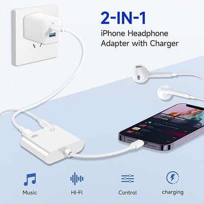 [Apple MFi Certified] 2-in-1 Charging & Audio Adapter for iPhone, Lightning to 3.5mm Headphone Jack Dongle Splitter, Supports Hi-Res Lossless Sound, Compatible with iPhone 14/13/12/11/XS/XR/8/7 5Pack