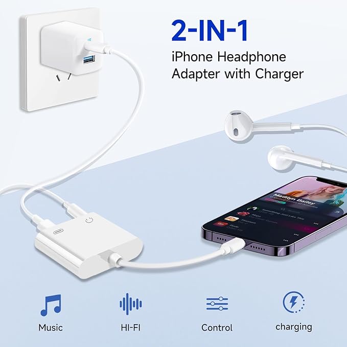 [Apple MFi Certified] 2-in-1 Charging & Audio Adapter for iPhone, Lightning to 3.5mm Headphone Jack Dongle Splitter, Supports Hi-Res Lossless Sound, Compatible with iPhone 14/13/12/11/XS/XR/8/7 10Pack