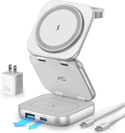 5-in-1 Wireless Charger for MagSafe, AC ISLAND Portable Travel Charging Station, 15W Max Fast Foldable Magnetic Stand, Evolved for iPhone 16/15/14/13 Series, Apple Watch, AirPods (with 35W Adapter)