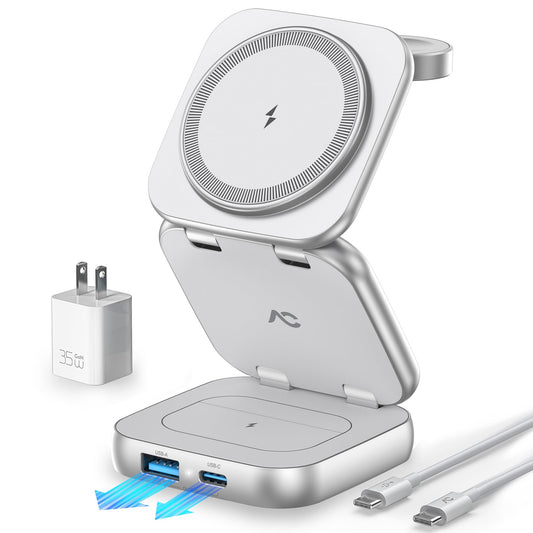 5-in-1 Wireless Charger for MagSafe, AC ISLAND Portable Travel Charging Station, 35W Max Fast Foldable Magnetic Stand, Evolved for iPhone 17-12 & Air Series, Apple Watch, AirPods (with 35W Adapter)