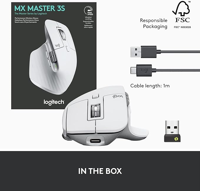Logitech MX Master 3S Wireless Mouse Standard Edition with Logi Bolt USB Receiver, Ultra-fast Scrolling, Ergo, 8K DPI, Track on Glass, Quiet Clicks, USB-C, Bluetooth, Windows, Linux, Chrome- Pale Grey