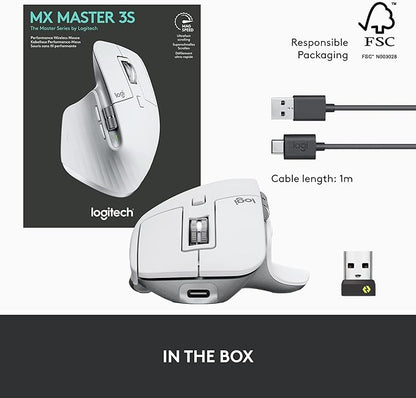 Logitech MX Master 3S Wireless Mouse Standard Edition with Logi Bolt USB Receiver, Ultra-fast Scrolling, Ergo, 8K DPI, Track on Glass, Quiet Clicks, USB-C, Bluetooth, Windows, Linux, Chrome- Pale Grey